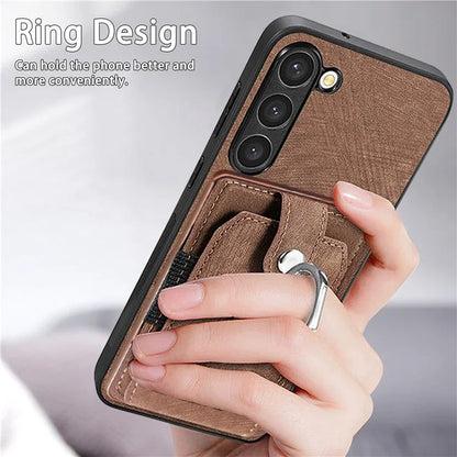D2 For Samsung Galaxy S23+ Case Ring Kickstand Elastic Card Holder Leather+TPU Phone Cover