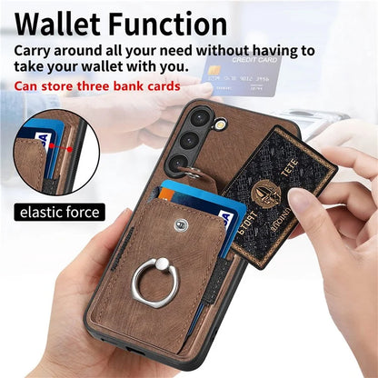 D2 For Samsung Galaxy S23+ Case Ring Kickstand Elastic Card Holder Leather+TPU Phone Cover