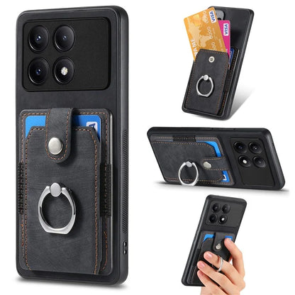D2 For Xiaomi Redmi K70E 5G / Poco X6 Pro 5G Ring Holder Phone Case PU Leather+TPU Card Holder Phone Cover