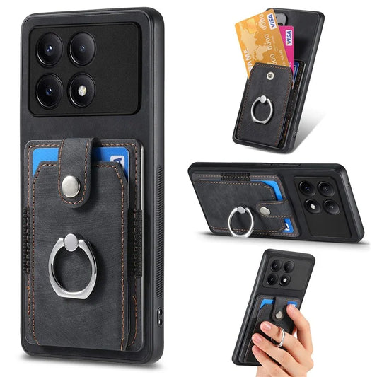 D2 For Xiaomi Redmi K70E 5G / Poco X6 Pro 5G Ring Holder Phone Case PU Leather+TPU Card Holder Phone Cover
