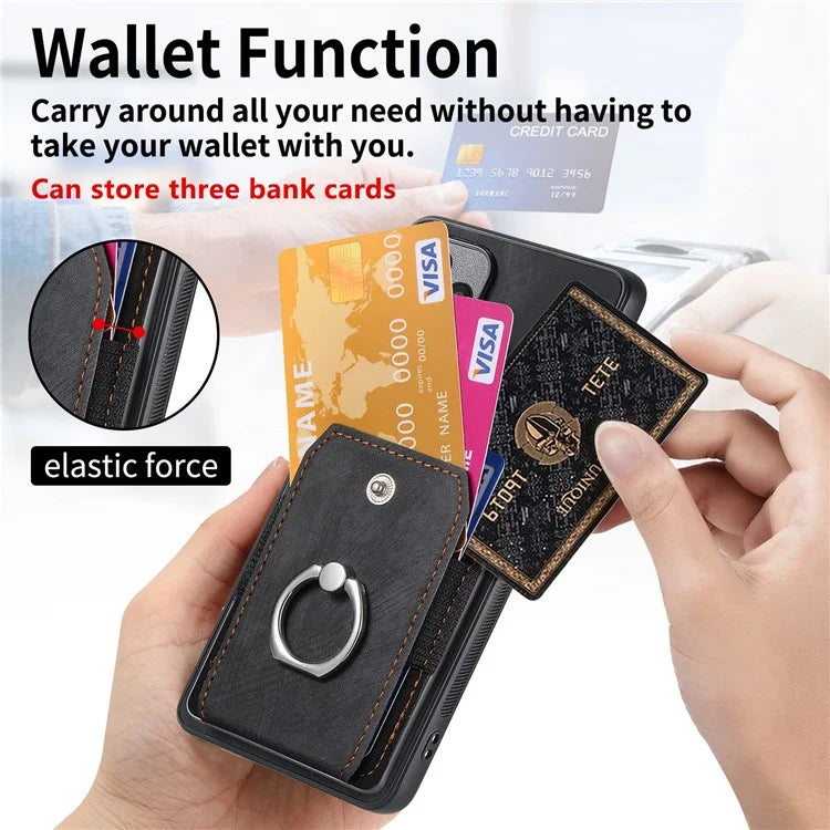 D2 For Xiaomi Redmi K70E 5G / Poco X6 Pro 5G Ring Holder Phone Case PU Leather+TPU Card Holder Phone Cover