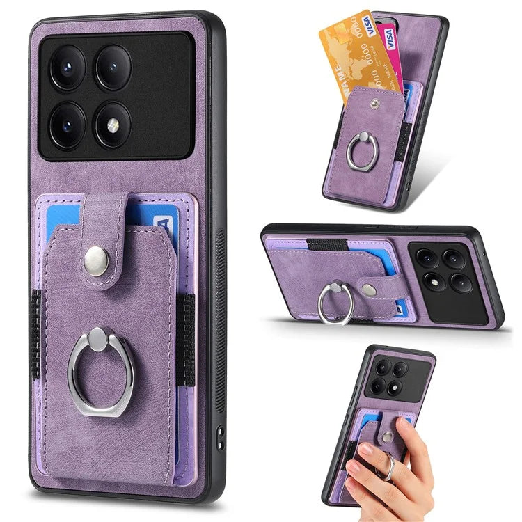 D2 For Xiaomi Redmi K70E 5G / Poco X6 Pro 5G Ring Holder Phone Case PU Leather+TPU Card Holder Phone Cover