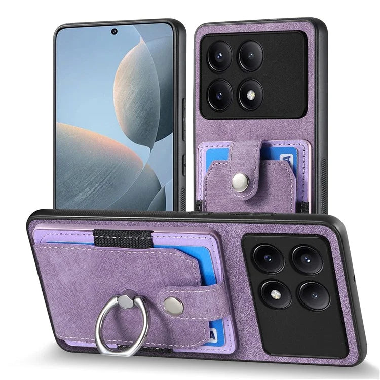 D2 For Xiaomi Redmi K70E 5G / Poco X6 Pro 5G Ring Holder Phone Case PU Leather+TPU Card Holder Phone Cover