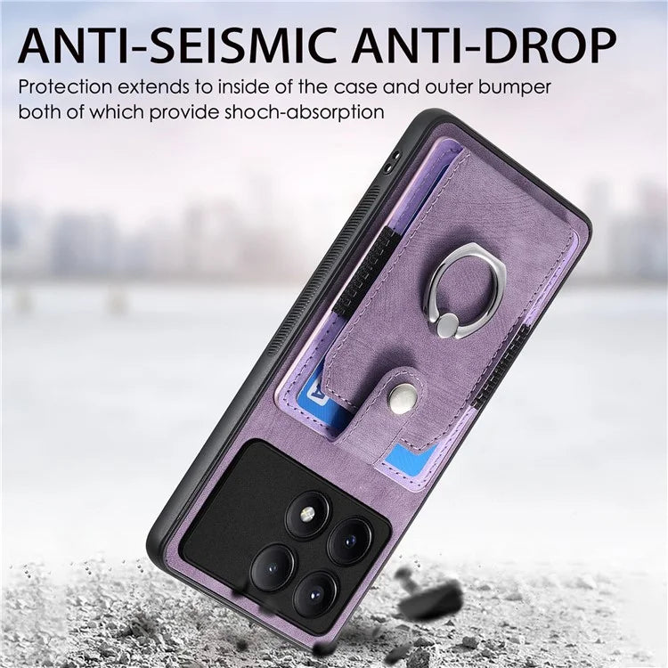 D2 For Xiaomi Redmi K70E 5G / Poco X6 Pro 5G Ring Holder Phone Case PU Leather+TPU Card Holder Phone Cover