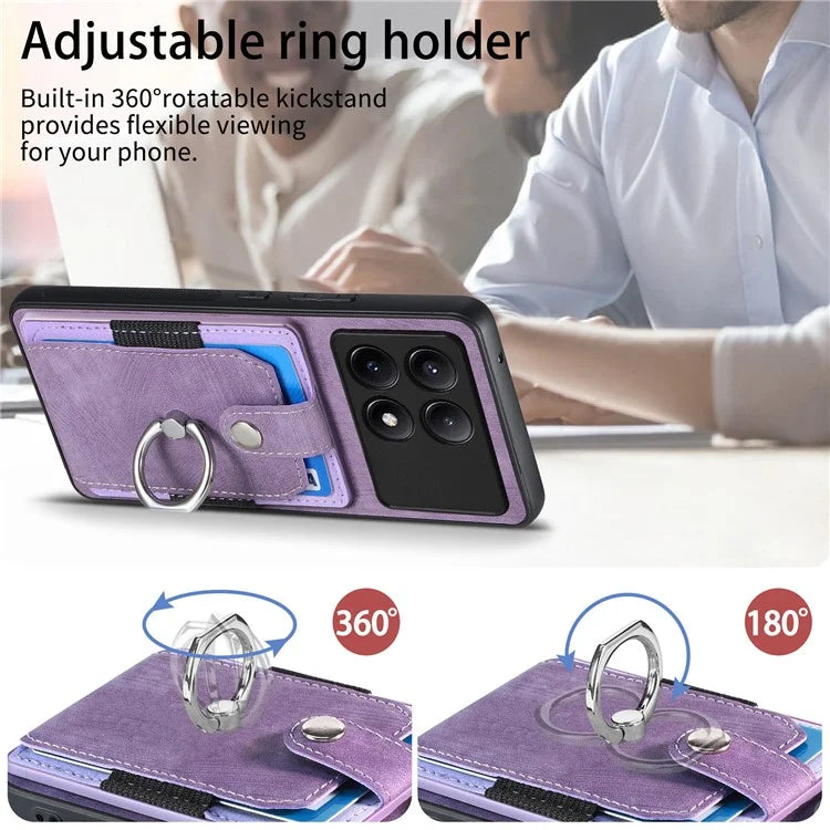 D2 For Xiaomi Redmi K70E 5G / Poco X6 Pro 5G Ring Holder Phone Case PU Leather+TPU Card Holder Phone Cover