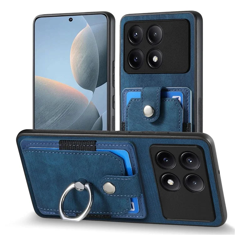 D2 For Xiaomi Redmi K70E 5G / Poco X6 Pro 5G Ring Holder Phone Case PU Leather+TPU Card Holder Phone Cover