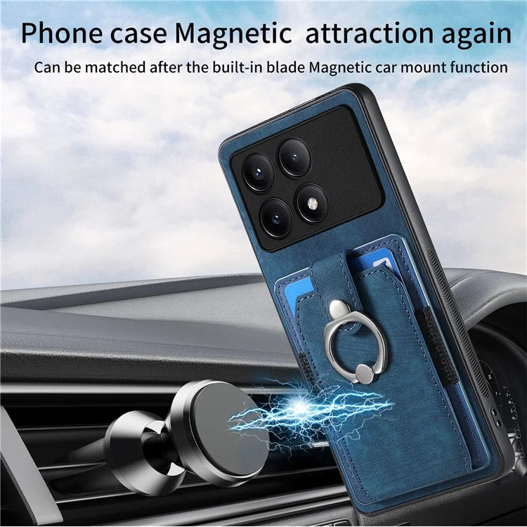 D2 For Xiaomi Redmi K70E 5G / Poco X6 Pro 5G Ring Holder Phone Case PU Leather+TPU Card Holder Phone Cover