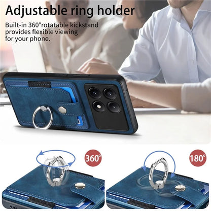 D2 For Xiaomi Redmi K70E 5G / Poco X6 Pro 5G Ring Holder Phone Case PU Leather+TPU Card Holder Phone Cover