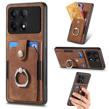 D2 For Xiaomi Redmi K70E 5G / Poco X6 Pro 5G Ring Holder Phone Case PU Leather+TPU Card Holder Phone Cover