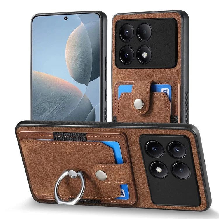 D2 For Xiaomi Redmi K70E 5G / Poco X6 Pro 5G Ring Holder Phone Case PU Leather+TPU Card Holder Phone Cover