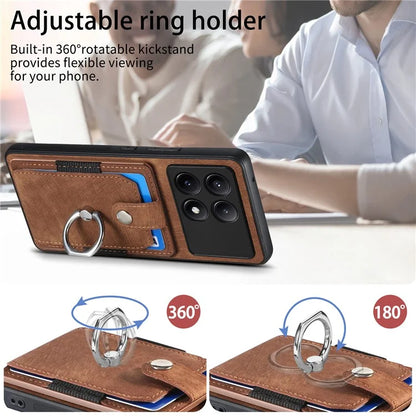 D2 For Xiaomi Redmi K70E 5G / Poco X6 Pro 5G Ring Holder Phone Case PU Leather+TPU Card Holder Phone Cover