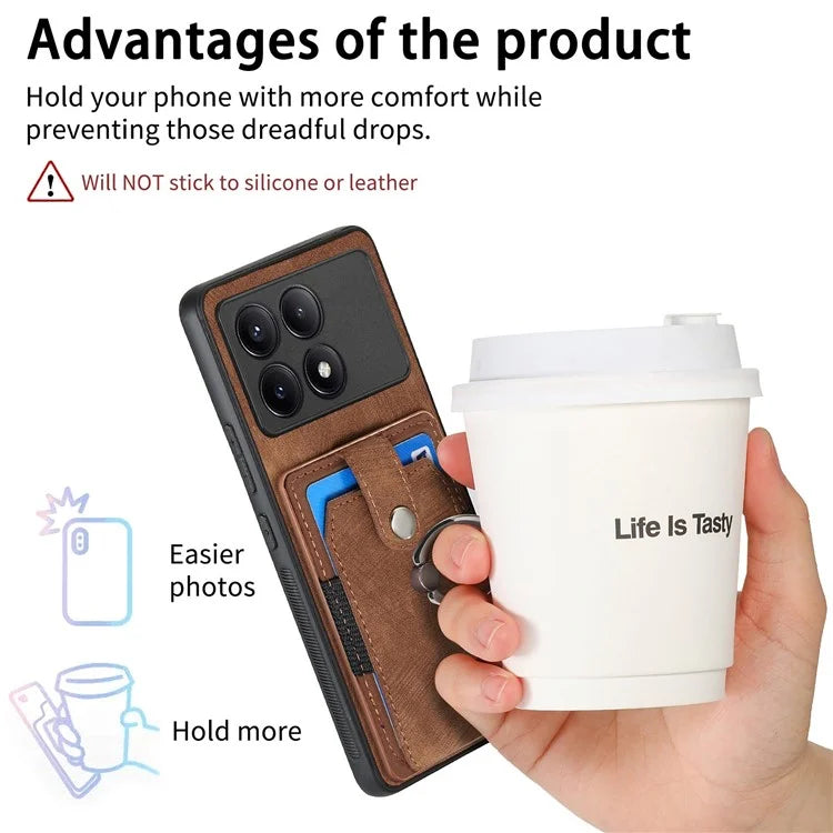 D2 For Xiaomi Redmi K70E 5G / Poco X6 Pro 5G Ring Holder Phone Case PU Leather+TPU Card Holder Phone Cover