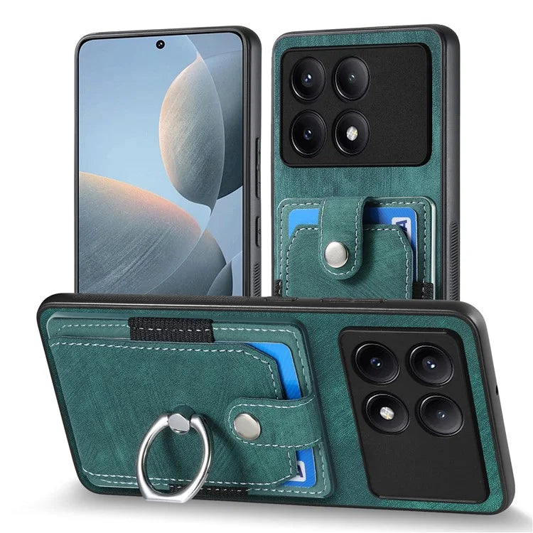 D2 For Xiaomi Redmi K70E 5G / Poco X6 Pro 5G Ring Holder Phone Case PU Leather+TPU Card Holder Phone Cover