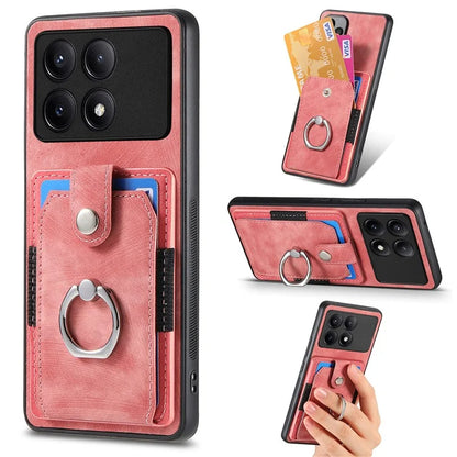 D2 For Xiaomi Redmi K70E 5G / Poco X6 Pro 5G Ring Holder Phone Case PU Leather+TPU Card Holder Phone Cover