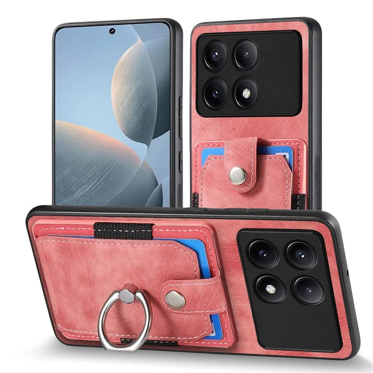 D2 For Xiaomi Redmi K70E 5G / Poco X6 Pro 5G Ring Holder Phone Case PU Leather+TPU Card Holder Phone Cover