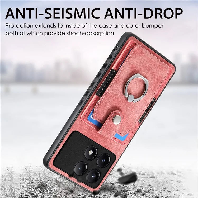D2 For Xiaomi Redmi K70E 5G / Poco X6 Pro 5G Ring Holder Phone Case PU Leather+TPU Card Holder Phone Cover