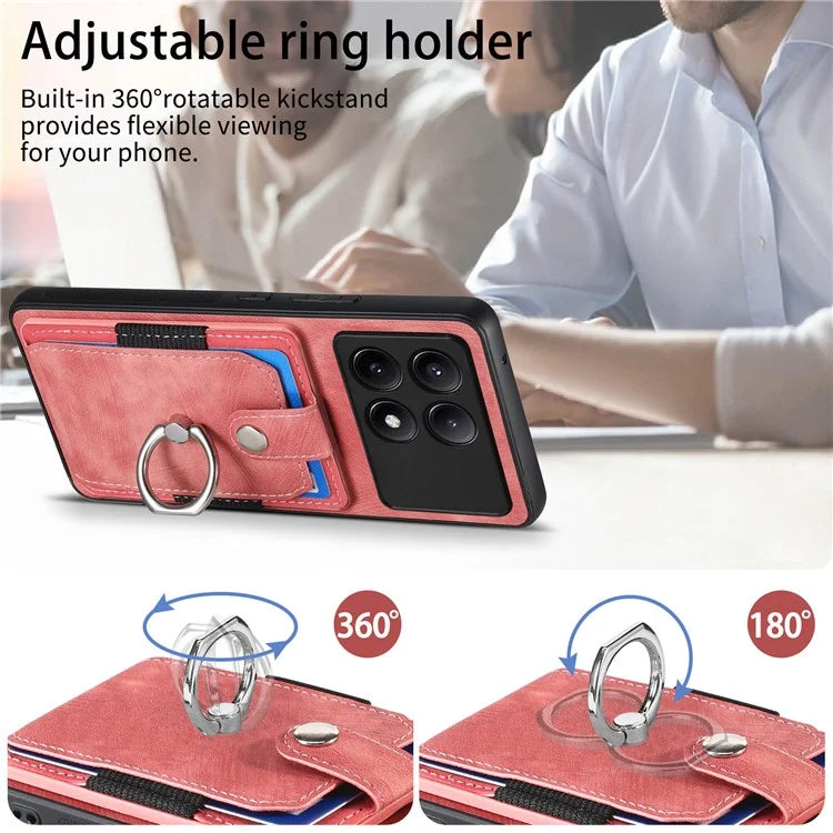 D2 For Xiaomi Redmi K70E 5G / Poco X6 Pro 5G Ring Holder Phone Case PU Leather+TPU Card Holder Phone Cover