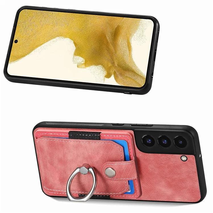 D2 For Samsung Galaxy S22 5G Cell Phone Case Ring Holder Kickstand Anti-fall Cover with Card Holder