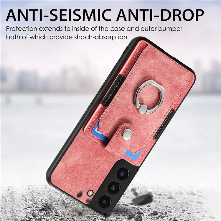 D2 For Samsung Galaxy S22 5G Cell Phone Case Ring Holder Kickstand Anti-fall Cover with Card Holder
