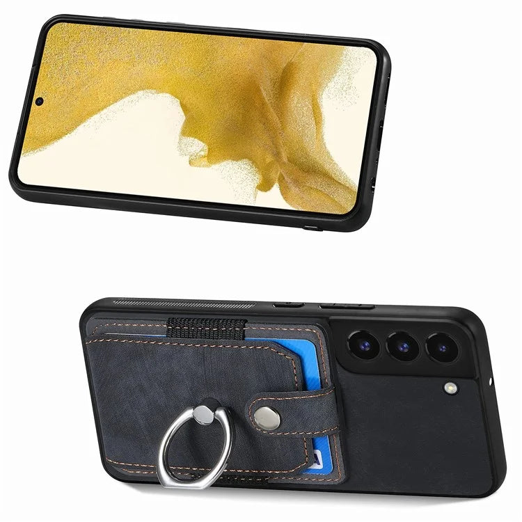 D2 For Samsung Galaxy S22 5G Cell Phone Case Ring Holder Kickstand Anti-fall Cover with Card Holder