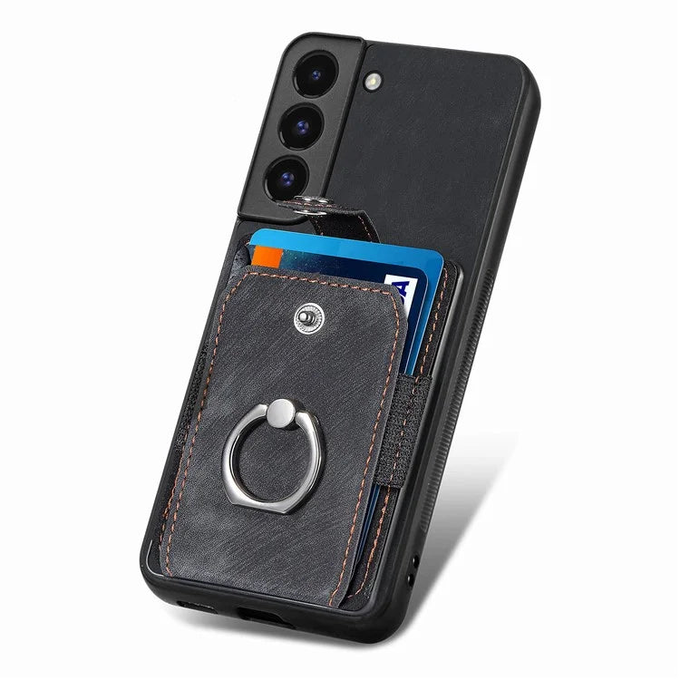 D2 For Samsung Galaxy S22 5G Cell Phone Case Ring Holder Kickstand Anti-fall Cover with Card Holder