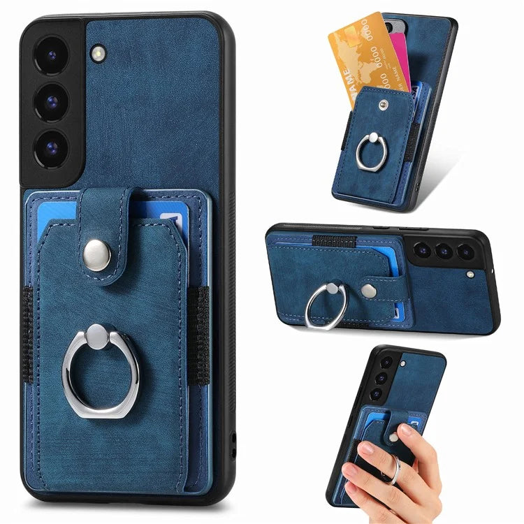 D2 For Samsung Galaxy S22 5G Cell Phone Case Ring Holder Kickstand Anti-fall Cover with Card Holder