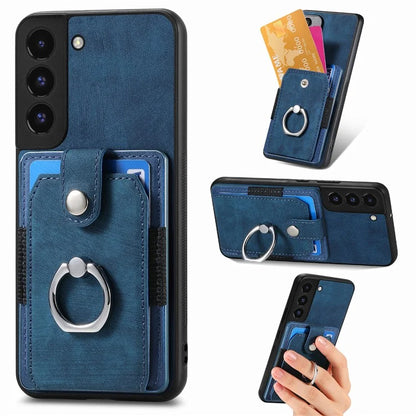 D2 For Samsung Galaxy S22 5G Cell Phone Case Ring Holder Kickstand Anti-fall Cover with Card Holder