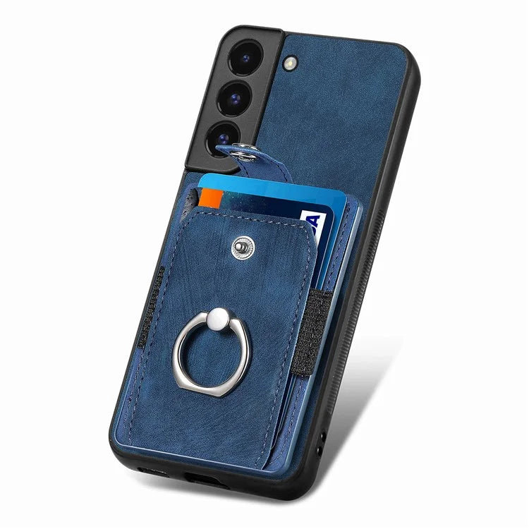 D2 For Samsung Galaxy S22 5G Cell Phone Case Ring Holder Kickstand Anti-fall Cover with Card Holder