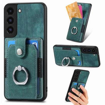 D2 For Samsung Galaxy S22 5G Cell Phone Case Ring Holder Kickstand Anti-fall Cover with Card Holder