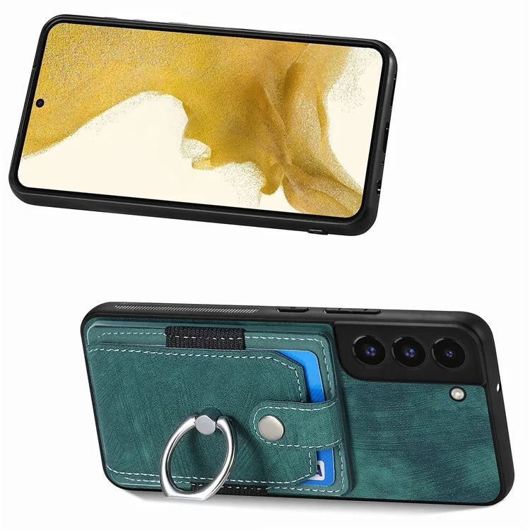 D2 For Samsung Galaxy S22 5G Cell Phone Case Ring Holder Kickstand Anti-fall Cover with Card Holder