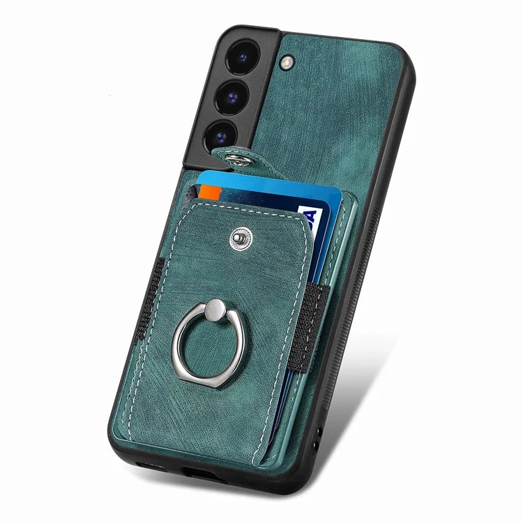 D2 For Samsung Galaxy S22 5G Cell Phone Case Ring Holder Kickstand Anti-fall Cover with Card Holder