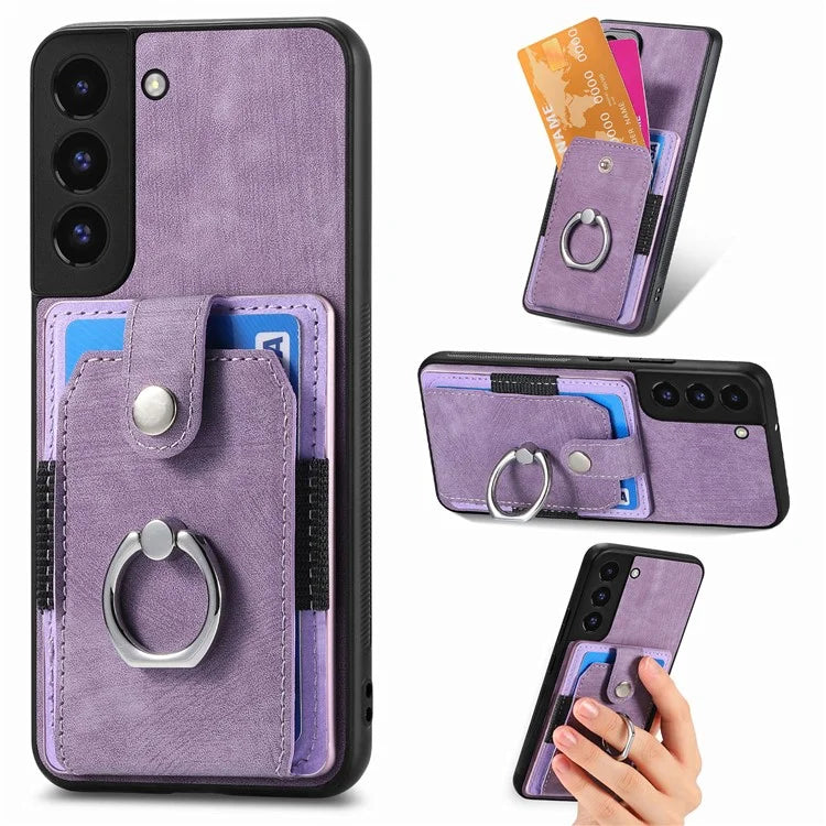 D2 For Samsung Galaxy S22 5G Cell Phone Case Ring Holder Kickstand Anti-fall Cover with Card Holder