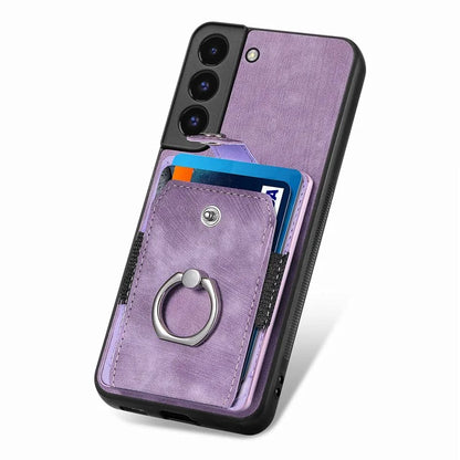 D2 For Samsung Galaxy S22 5G Cell Phone Case Ring Holder Kickstand Anti-fall Cover with Card Holder