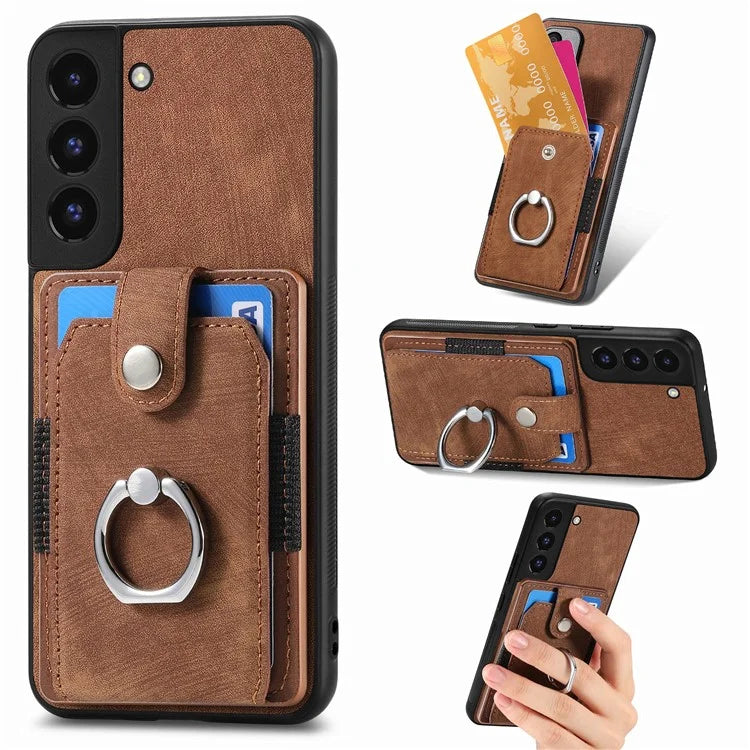 D2 For Samsung Galaxy S22 5G Cell Phone Case Ring Holder Kickstand Anti-fall Cover with Card Holder