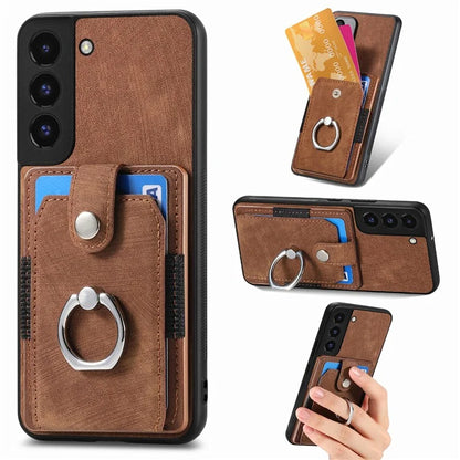 D2 For Samsung Galaxy S22 5G Cell Phone Case Ring Holder Kickstand Anti-fall Cover with Card Holder