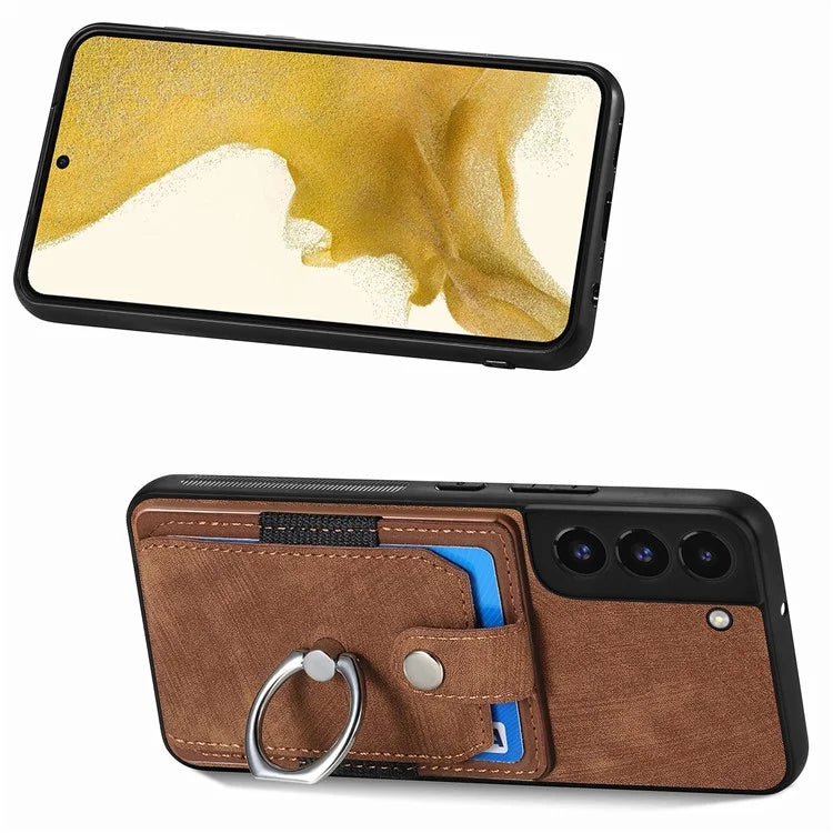 D2 For Samsung Galaxy S22 5G Cell Phone Case Ring Holder Kickstand Anti-fall Cover with Card Holder
