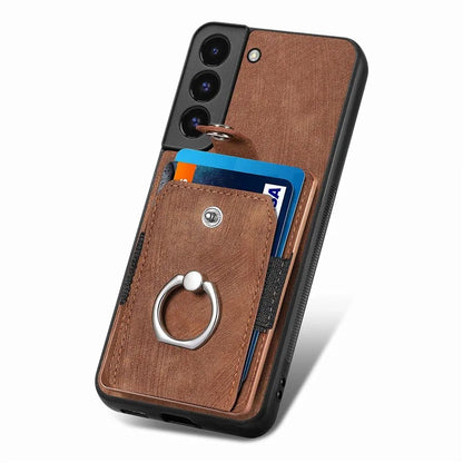 D2 For Samsung Galaxy S22 5G Cell Phone Case Ring Holder Kickstand Anti-fall Cover with Card Holder