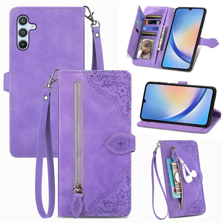 For Samsung Galaxy A55 5G Case Flower Imprinted Leather Wallet Phone Cover
