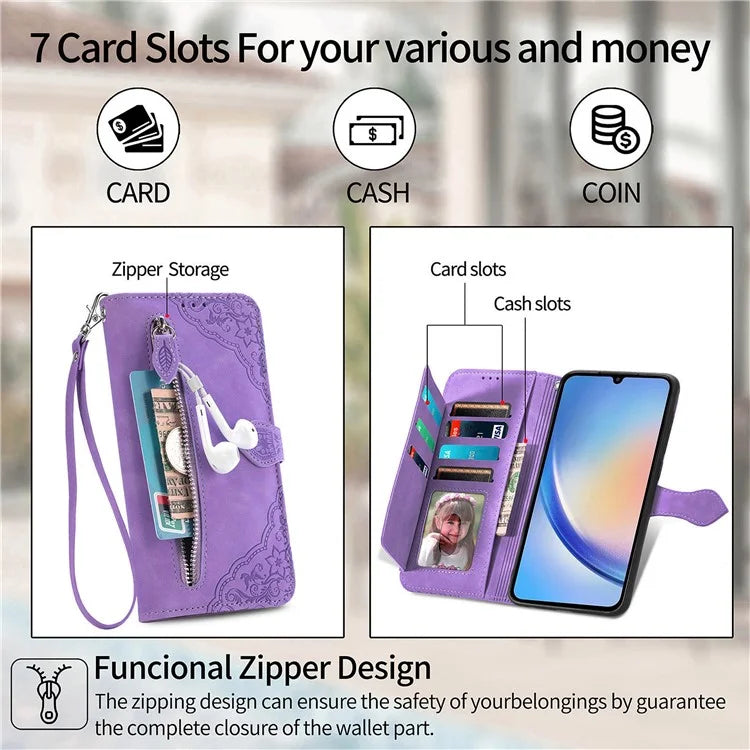 For Samsung Galaxy A55 5G Case Flower Imprinted Leather Wallet Phone Cover