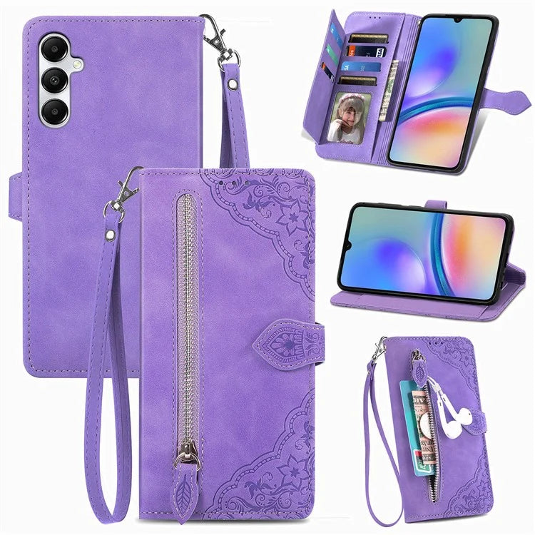 For Samsung Galaxy A05s 4G Phone Case Flower Imprinted Anti-Drop Leather Flip Cover