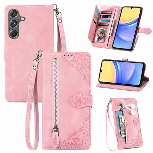 For Samsung Galaxy A15 4G / 5G Case Flower PU Leather Zipper Flip Folio Wallet Phone Cover