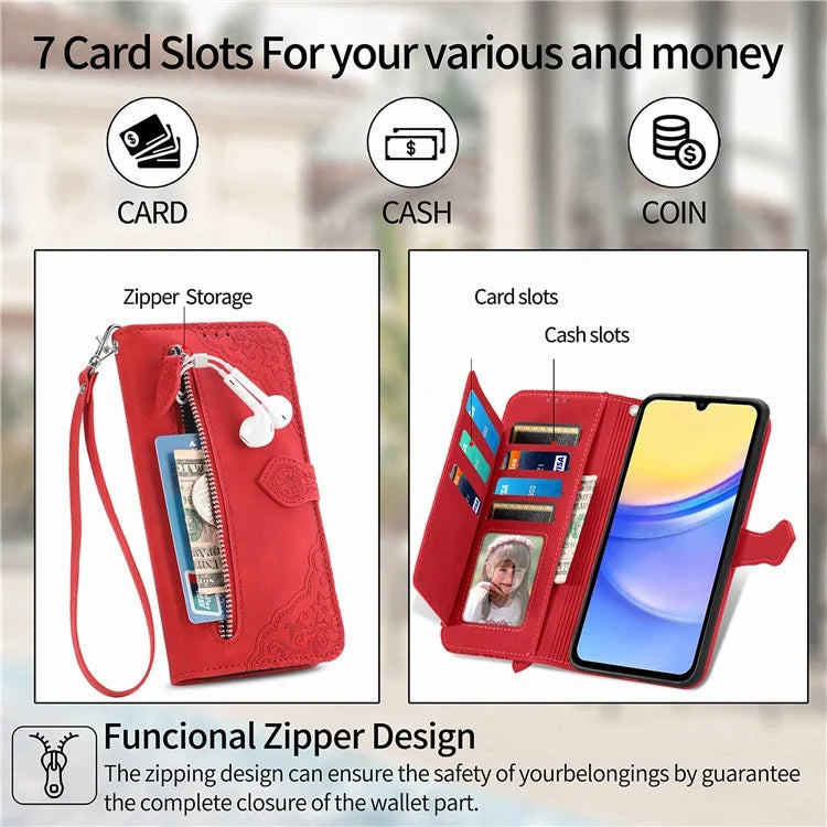 For Samsung Galaxy A15 4G / 5G Case Flower PU Leather Zipper Flip Folio Wallet Phone Cover