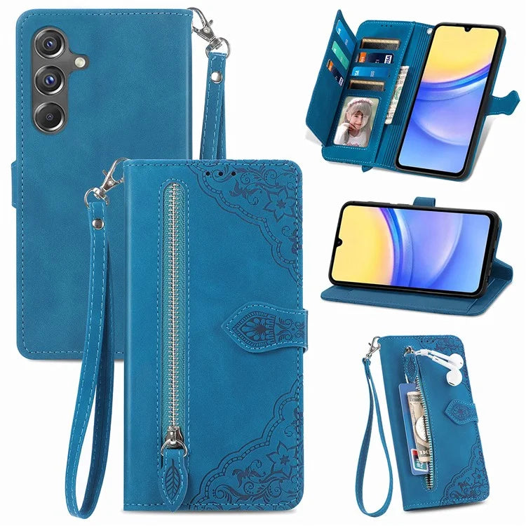 For Samsung Galaxy A15 4G / 5G Case Flower PU Leather Zipper Flip Folio Wallet Phone Cover