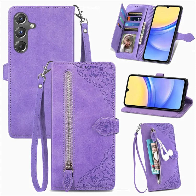 For Samsung Galaxy A15 4G / 5G Case Flower PU Leather Zipper Flip Folio Wallet Phone Cover