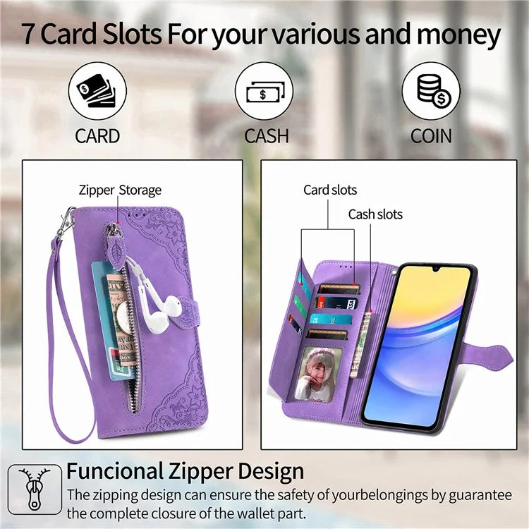 For Samsung Galaxy A15 4G / 5G Case Flower PU Leather Zipper Flip Folio Wallet Phone Cover