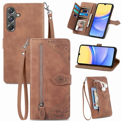 For Samsung Galaxy A15 4G / 5G Case Flower PU Leather Zipper Flip Folio Wallet Phone Cover