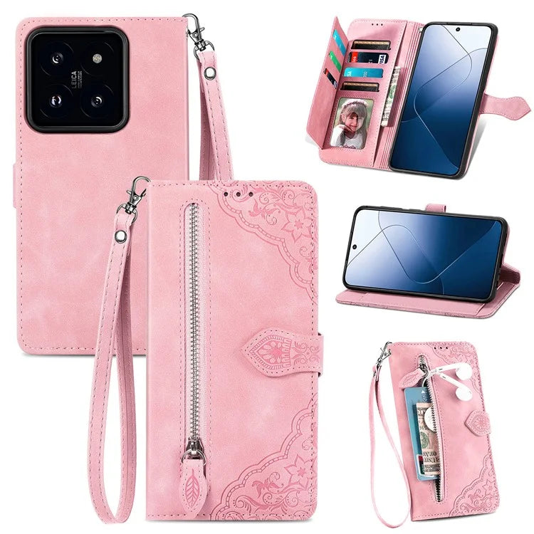 For Xiaomi 14 Case Flower Imprinted Leather Card Slots Zipper Pocket Handbag Phone Cover