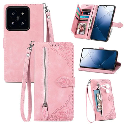 For Xiaomi 14 Case Flower Imprinted Leather Card Slots Zipper Pocket Handbag Phone Cover