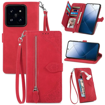 For Xiaomi 14 Case Flower Imprinted Leather Card Slots Zipper Pocket Handbag Phone Cover