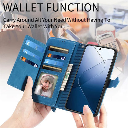 For Xiaomi 14 Case Flower Imprinted Leather Card Slots Zipper Pocket Handbag Phone Cover